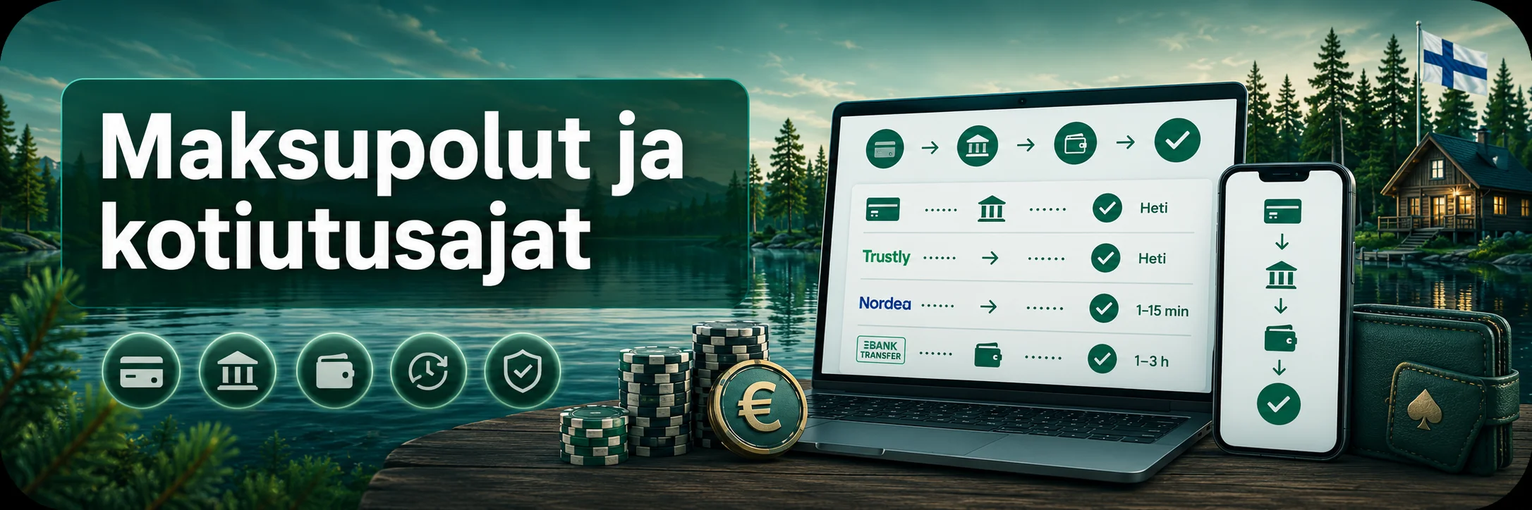 Pikakasinoiden maksutavat, pankkitunnistautuminen ja kotiutusajat Playkasinot-oppaassa