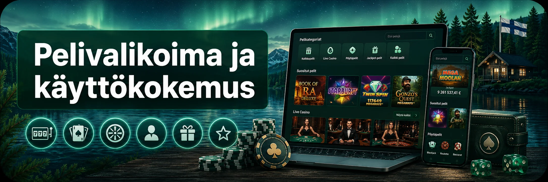 Pelivalikoima, mobiilikokemus ja livekasino Playkasinot-sivuston luotettavien kasinoiden oppaassa