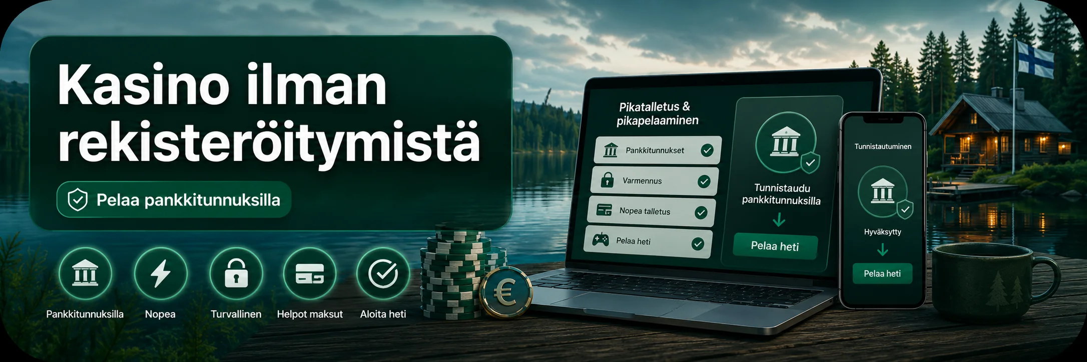 Pankkitunnuksilla toimiva kasino ilman rekisteröitymistä Playkasinot-oppaassa