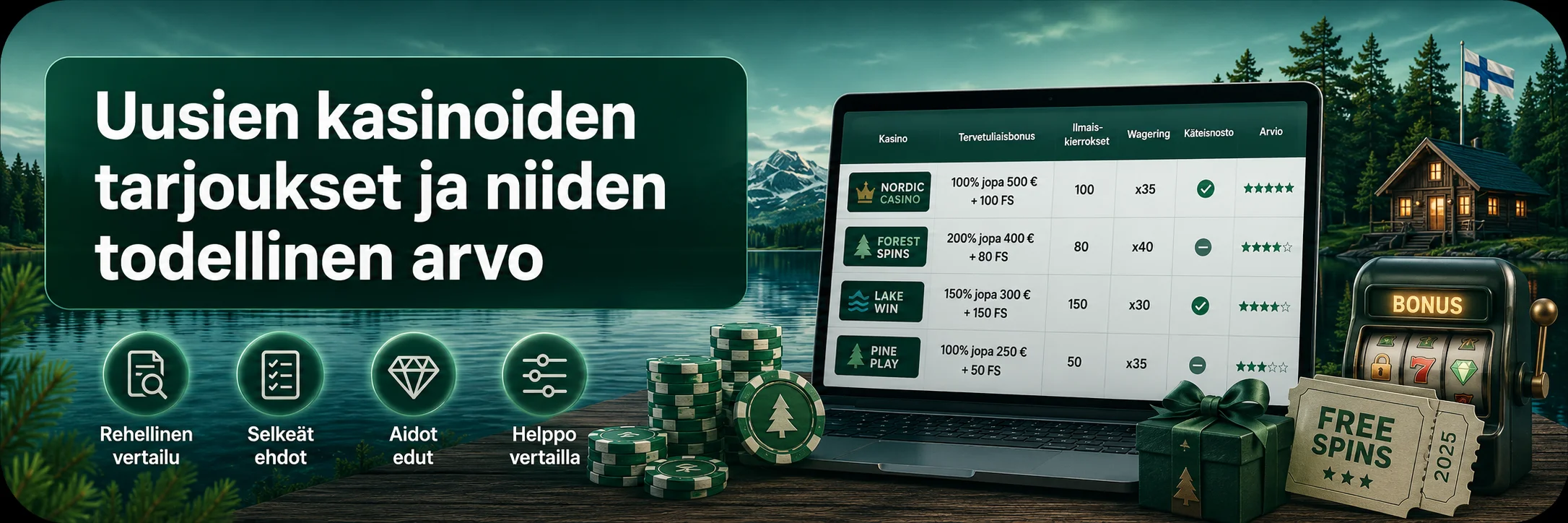 Uusien nettikasinoiden bonusvertailu, ilmaiskierrokset ja cashback Playkasinot-sivustolla